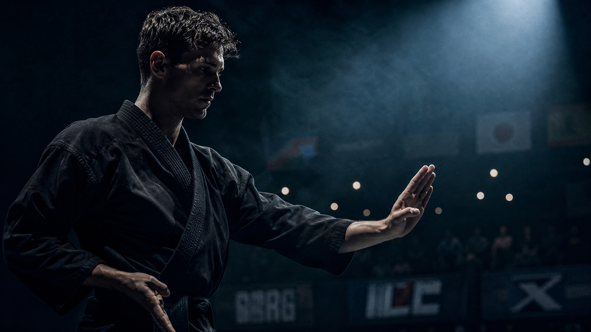 Dark cinematic martial arts atmosphere